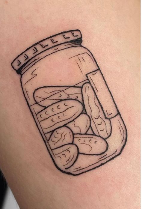 Bundt Cake Tattoo, Pyrex Tattoo Ideas, Peanut Butter Jar Tattoo, Pickle Jar Drawing, Mayonnaise Tattoo, Jar Of Pickles Tattoo, Pickle Tattoo Ideas, Augustus Tattoo, Pickle Jar Tattoo