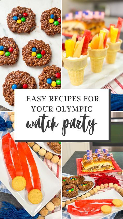 Are you looking for some Olympic party food recipes for your Olympic party? Well, you’ve come to the right place. 4 Olympic Party Foods to cheer on Team USA! From edible gold medals to fruit torches, there is something for everybody in this delicious recipe spread! Go for the gold with these surefire winners. Olympic Themed Desserts, Olympic Inspired Food, Olympic Party Food Ideas, Olympic Charcuterie Board, Olympic Theme Food, Olympic Food Ideas, Olympic Themed Snacks, Olympic Dinner, Olympic Cookies