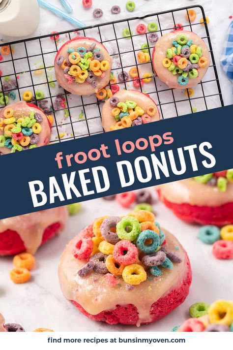 Fruit Loop Donuts are so fun to make and even more fun to eat! Fruit Loop Treats, Homemade Donut Glaze, Cereal Donuts, Best Donut Recipe, Froot Loop, Fruit Loops Cereal, Cake Donuts Recipe, Baked Doughnuts, Baked Donut Recipes