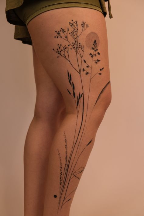 Tree Leg Tattoo For Women, Earthy Leg Tattoo, Wild Grass Tattoo, Flower Tattoos On Leg, Wild Flower Sleeve Tattoo, Pussywillow Tattoos, Wild Flower Tattoo Sleeve, Vintage Botanical Tattoo, Birch Tree Tattoo