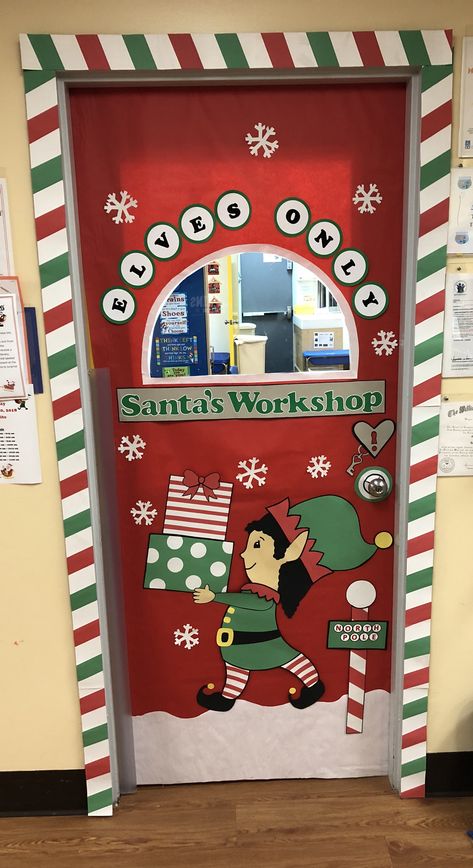 Santa Workshop Christmas Theme Classroom Door Christmas Hallway, Diy Christmas Door Decorations, Door Decorations Classroom Christmas, Holiday Door Decorations, Classroom Christmas Decorations, Diy Christmas Door, Christmas Door Decorating Contest, Christmas Classroom Door, School Door Decorations