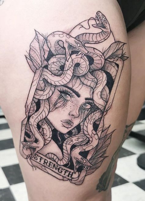 100 New Medusa Tattoos and Meaning (Latest Tattoo Ideas) - The Trend Scout Medusa Thigh Tattoo, Medusa Tattoo Design, Tarot Tattoo, Type Tattoo, Mythology Tattoos, Medusa Tattoo, Парные Тату, Latest Tattoos, Rosen Tattoo