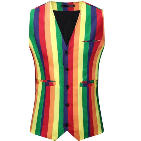 The rainbow-striped waistcoat features contrasting colors, making your outfit special. Unlike ordinary striped vests, this vest with a rainbow stripe pattern design is more fashionable. Match the rainbow striped vest with solid color dress shirts, pattern dress pants, and a bow tie for an elegant gentle style. The rainbow-striped vest is suitable for music parties, weddings, dates, fashion shows, festivals, daily wear, etc. Marching Band Outfits, Clowncore Fashion, Patterned Dress Pants, Stripes Pattern Design, Striped Vest, Striped Vests, Rainbow Outfit, Rainbow Fashion, Steampunk Clothing