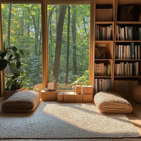 Study And Meditation Room, Cozy Yoga Room, Yoga Room Inspiration, Small Yoga Room, Japanese Library, Yoga Nook, Home Meditation Room, Cozy Yoga, Meditation Nook