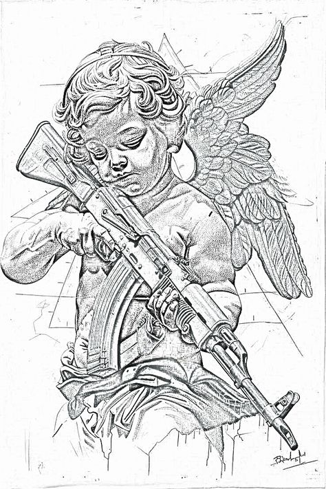 Arcangel Tattoo, Tattoo Ak47, Good And Evil Tattoos, Angel Y Diablo, Baby Angel Tattoo, Tattoo Coloring Book, Christ Tattoo, Hourglass Tattoo, Cool Tattoo Drawings