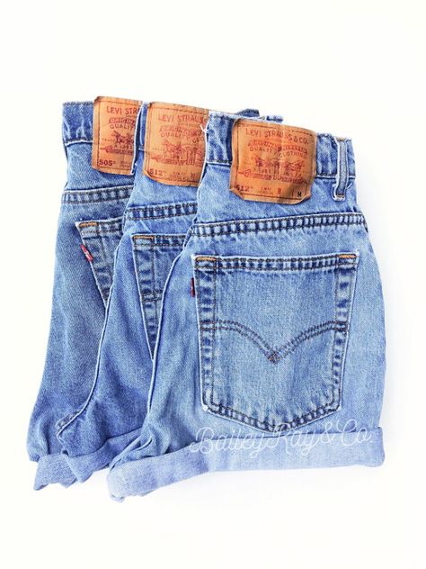 Vintage Levis high waisted denim shorts uniquely styled by Bailey Ray and Co DESCRIPTION OF PRODUCT Levis jeans or other brand; all vintage and high waisted Grade A jeans free of: stains, pocket/crotch holes, torn belt loops, or odors 2 back pockets with that highly demanded, classic