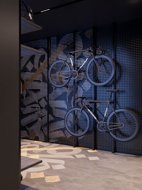 KOBE B. on Behance Cycle Store Design, Bike Office, Bicycle Room, Gear Room, Cycle Store, Bicycle Store, Bike Room, Bicycle Shop, Showroom Interior Design