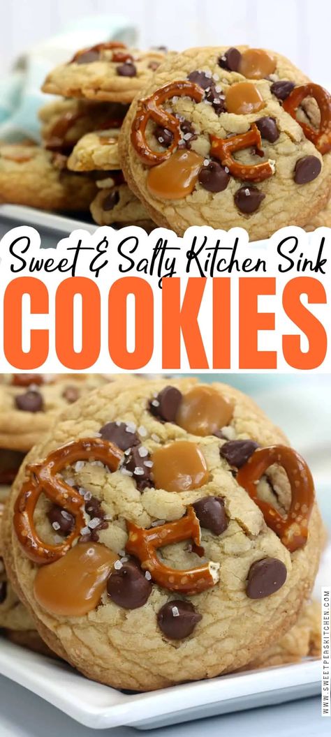 Kitchen Sink Cookies Recipe, Panera Copycat, Sink Cookies, Amazing Cookie Recipes, Kitchen Sink Cookies, Salty Cookies, Lab Ideas, Pretzel Cookies, Salted Pretzel