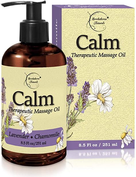 Amazon.com: Calm Massage Oil with Lavender & Chamomile Essential Oils to Relax Sore Muscles - for Massage Therapy & Home use – with Coconut, Grapeseed & Jojoba Oils for Smooth Skin– Brookethorne Naturals - 8.5oz: Health & Personal Care Massage Therapy Tools, Message Oil, Natural Calm, Essential Oils For Massage, Chamomile Oil, Chamomile Essential Oil, Therapeutic Massage, Plant Therapy, Relaxation Room