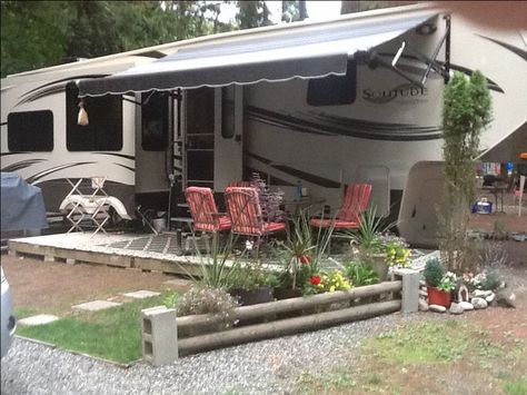 Permanent Campsite, Camper Decks, Camping Decorating Ideas, Seasonal Campsite, Parksville Bc, Rv Deck, Campsite Decorating, Campsite Ideas, Campsite Setup