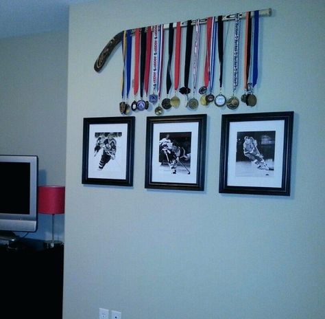 Hockey Medal Display Ideas, Boys Hockey Bedroom, Hockey Bedroom Decor, Hockey Awards, Awards Display, Hockey Room Decor, Sons Room, Hockey Bedroom, Girls Hockey