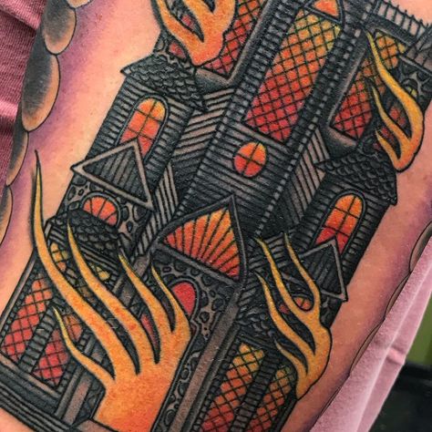 House On Fire Tattoo, Burning House Tattoo, Burning Church Tattoo Design, Victor Tattoo, Coloured Tattoos, Haunted House Tattoo, Church Tattoo, Tattoo House, Building On Fire