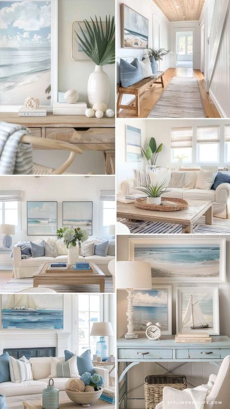 Elevate your living room with modern coastal home decor ideas! Explore how to use light colors, natural materials, and minimalist designs to create a serene, beach-inspired space. Incorporate soft neutrals and organic textures to bring the tranquility of the coast into your home. Perfect for adding fresh, coastal charm and modern style to any living room. Cool Coastal Color Palette, Beautiful Interiors Living Room, Ocean Inspired Interior Design, Beach House Ideas Decor, Beach House Interior Ideas, Living Room Coastal Style, Coastal Cottage Interior, Beach House Room Decor, Beach House Interior Colors