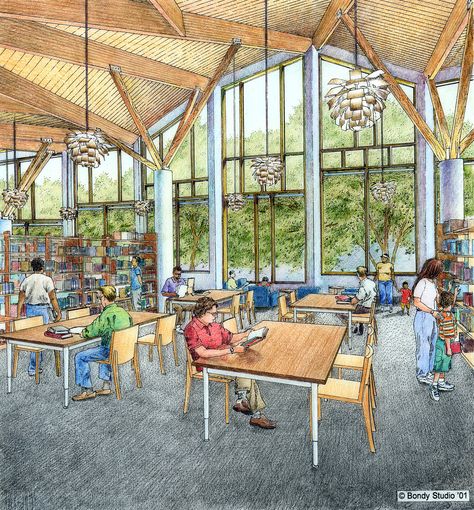 Oak Park Public Library.  Nagle Hartray.  Rendering by Bondy Studio. 2001 Library Perspective Drawing, Library Perspective, Nata Drawings, Intermediate Drawing, Interior Library, Library Drawing, City Sketches, Memory Drawing, Indoor Markets