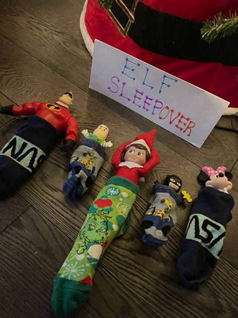 Elf On The Shelf Ideas For Thanksgiving, Elf On A Shelf Sleepover, Welcome The Elf Back, Elf On Shelf Sleepover Ideas, Sleepover Elf On The Shelf, Elf On The Shelf Start Ideas, Elf On The Shelf Plushee Pal Ideas, Elf On The Shelf Sock Ideas, Elf On The Shelf At Grandmas House