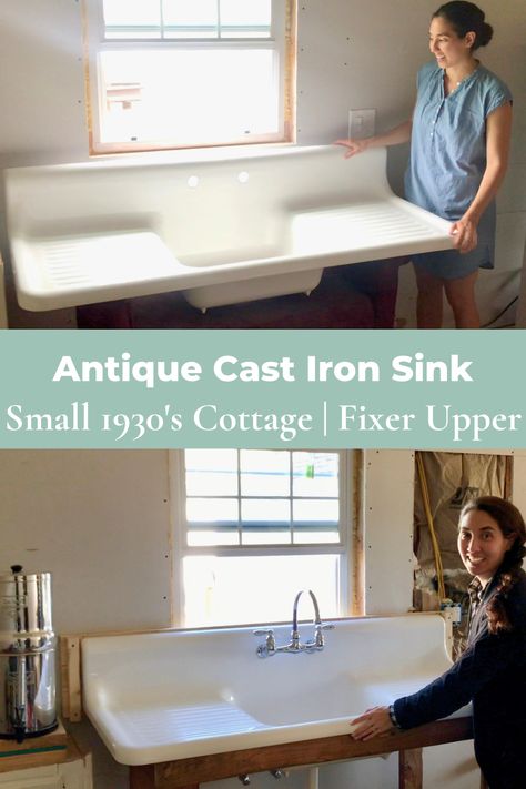 woman standing next to antique cast iron sink Wall Mounted Farmhouse Sink, Old Cast Iron Sink Ideas, Cast Iron Sink Kitchen, Vintage Cast Iron Sink, Antique Farmhouse Sink, Wash Produce, Replacing Kitchen Sink, Under Mount Kitchen Sink, Porcelain Kitchen Sink