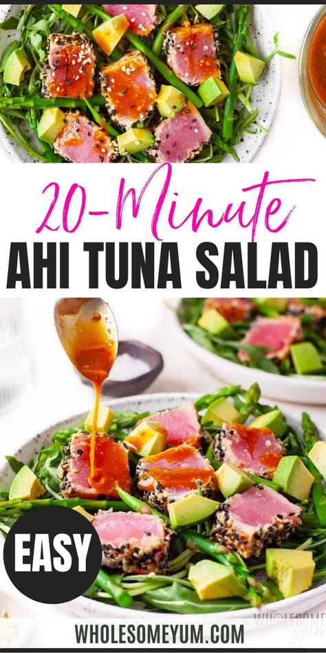 Ahi Tuna Salad Ahi Tuna Salad Recipe, Tuna Salad Dressing, Cooking Ahi Tuna, Ahi Tuna Salad, Tender Asparagus, Delicious Healthy Salads, Dairy Free Salads, Sesame Ginger Dressing, Avocado Tuna Salad