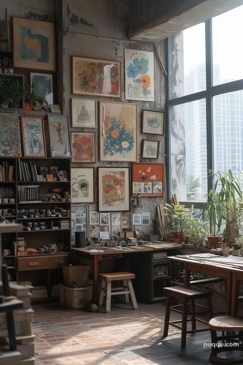 Home Art Studio Ideas for a Stylish Haven - Puqqu Artists Bedroom Ideas, Library Art Studio, Earthy Art Studio, Home Studio Art, Victorian Art Studio, Art Studio With Plants, Home Art Studio Aesthetic, Art Studio Space Ideas, Art Studio Living Room