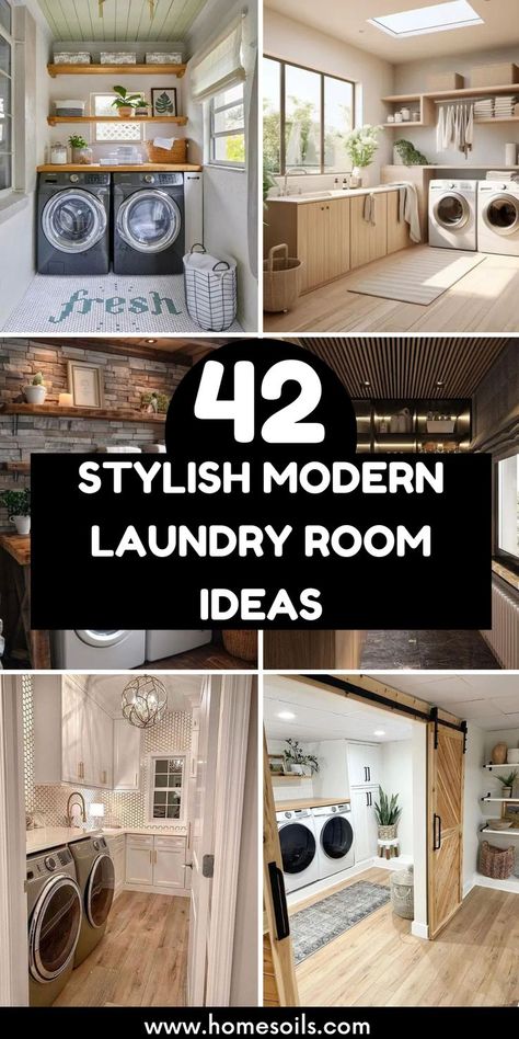 Discover 42 stylish modern laundry room ideas that blend functionality with sleek design! From minimalist cabinetry to bold tile patterns and smart storage solutions, these ideas will transform your laundry room into a chic, organized space. Laundry Room With Folding Area, Laundry Bar Ideas, Modern Minimalist Laundry Room, Laundry Room With Built Ins, Laundry Room Design With Window, Creative Laundry Room Ideas, Mid Century Modern Laundry Room, Laundry Room Design With Sink, Samsung Laundry Room