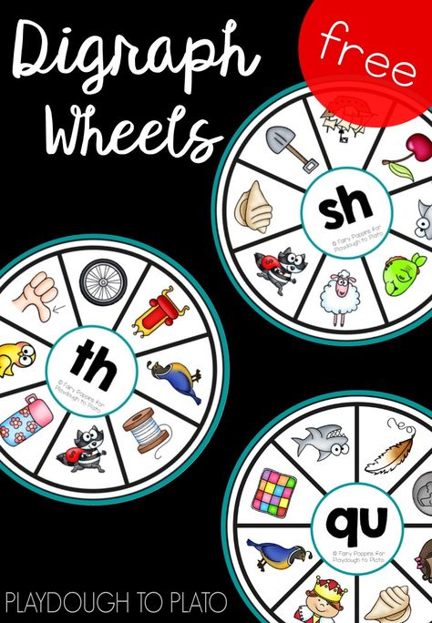 Free digraph wheels! Fun literacy center or word work activity for kindergarten or first grade. Digraph Games, Digraphs Activities, Playdough To Plato, Kindergarten Lesson Plans, Word Work Activities, Jolly Phonics, Literacy Stations, Kindergarten Lessons, First Grade Reading