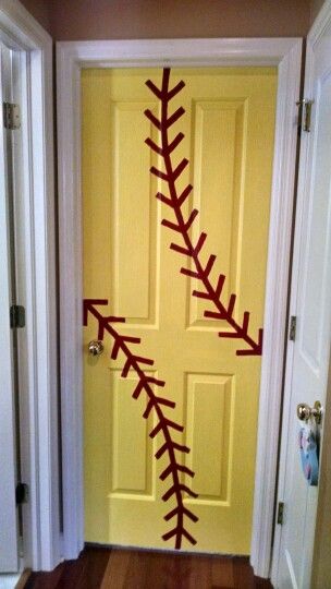 Painted my daughters door to her room #softball #fastpitch Softball Ideas Crafts, Softball Themed Bedroom, Softball Room Ideas, Softball Bedroom Ideas, Softball Bedroom Decor, Girls Softball Room, Softball Room Decor, Softball Bedroom, Softball Art