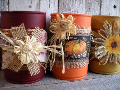 Halloween and Fall Tin Can Upcycles for Kids and Adults Fall Crafts Decorations, Recycled Tin Cans, Orange Brick, Tin Can Art, Mustard Orange, Halloween And Fall, Tin Can Crafts, Autumn Thanksgiving, Tin Cans