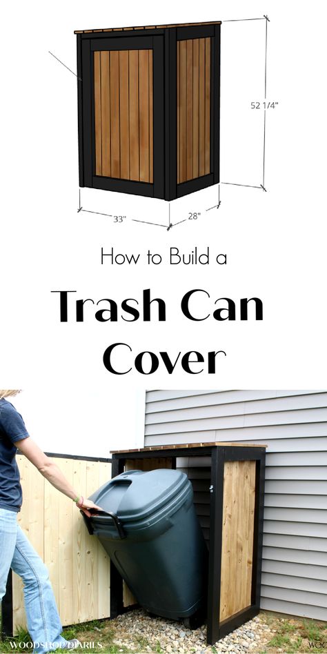 Hide ugly eye sores like trash cans with this easy trash can cover! It even works great to house pool toys and yard tools. Free plans for EASY DIY trash can cover. Easy and fun miniature DIY outdoor storage shed. Diy Outdoor Storage Shed, Diy Trash Can, Outdoor Garbage Storage, Trash Can Storage Outdoor, Trash Can Cover, Hide Trash Cans, Garbage Can Storage, Garbage Shed, Trash Can Covers