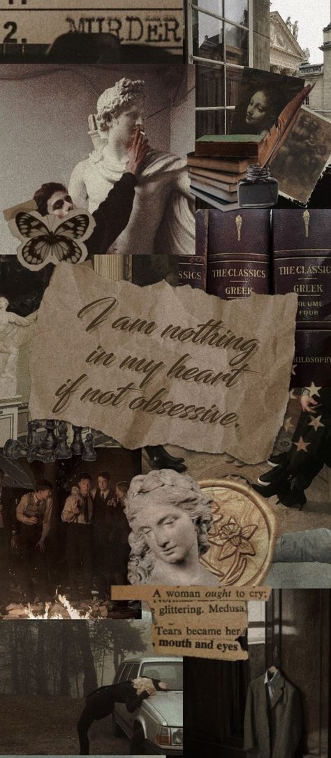 A collage wallpaper inspired by the secret history. Images (left to right) word “murder”printed on paper; a window overlaid with a sticker of books, some sketches and quill; a man holding cigarette against a marble statue’s mouth; leather bound editions of latin and greek literature; a crinkled pience paper at the centre with “I am nothing in my heart if not obsessive” from the secret history, stickers of stars and a bust, golden stamp, a piece of paper; pictures of group of friends laughing etc The Secret History Lockscreen, The Secret History Bookmark, Art History Aesthetic Wallpaper, Literature Quotes Wallpaper, Dark Academia Philosophy, The Secret History Aesthetic Wallpaper, Dark Academia Layout, History Wallpaper Aesthetic, Secret History Wallpaper