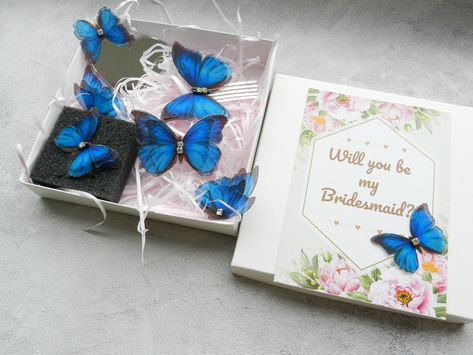 Butterfly Bridesmaid Proposal, Butterfly Proposal, Handmade Butterflies, Bridesmaid Blue, Butterfly Jewelry Set, Butterflies Wings, Moth Brooch, Butterfly Hair Accessories, Silk Butterfly