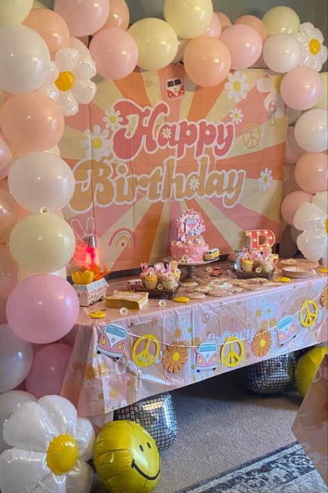 Two Groovy Cake Table, Eleven Is A Vibe Birthday, Groovy One Bday Party, Boho Birthday Party Cake, Hippi Theme Birthday, Simple Birthday Brunch Ideas, 6 Is A Vibe Party, Fourever Groovy Cookies, Groovy Birthday Party 10