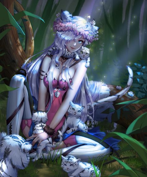 Material: original By: qi kou Tiger Girl, Shadow Warrior, Gothic Fantasy Art, Anime Animals, White Tiger, Arte Animal, Animal Ears, Fantastic Art, Anime Cosplay