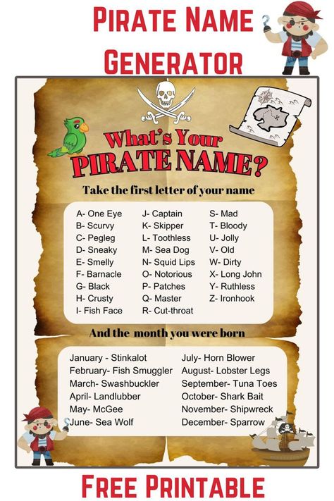 Use our funny Pirate Name Generator to find your new pirate crew name! What's your pirate name? Great icebreaker for pirate birthday parties! What's Your Name, Pirate Name, Pirate Ship Name Ideas, Pirate Names Generator, What Is Your Pirate Name, Whats Your Pirate Name, My Pirate Name, What's Your Pirate Name, What Is Your Pirate Name Free Printable