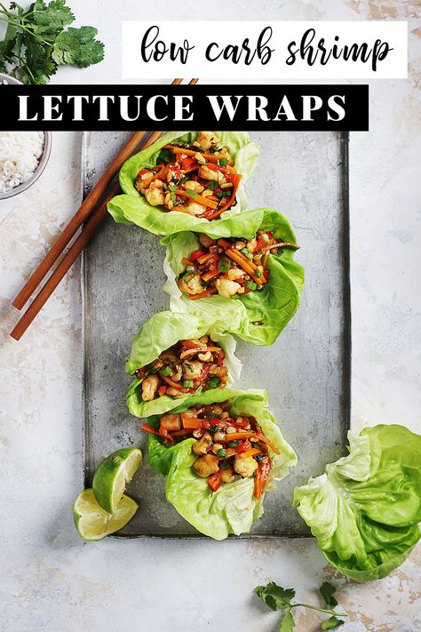 A delicious recipe for healthy & Low Carb Shrimp Lettuce Wraps. So easy to make it comes together in about 20 minutes! Say goodbye to take-out with these Asian Lettuce Wraps. Healthy Light Lunches, Thai Chicken Lettuce Wraps, Chicken Lettuce Cups, Shrimp Lettuce Wraps, Lettuce Wraps Recipe, Asian Lettuce Wraps, Chicken Lettuce Wraps Recipe, Beef Lettuce Wraps, Low Carb Wraps