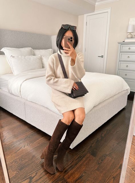 petite friendly tall brown suede boots // fall outfits with sweater dress + knee high boots Tall Brown Boots Outfit, Tall Brown Suede Boots, Suede Boots Outfit, Tall Boots Outfit, Chunky Knit Sweater Dress, Sam Edelman Loafers, Brown Boots Outfit, Long Sweater Jacket, Shoes For Fall