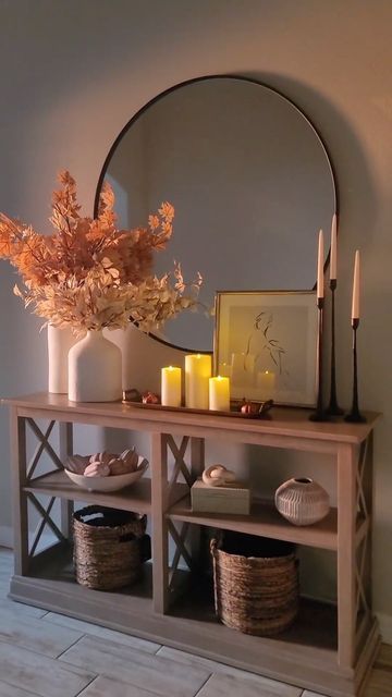 Living Room Console Table Decor Under Tv, Under Tv Console Decor, Console Table Decorating Under Tv, Fall Console Table Decor, Entrance Table Decor, Fall Entryway Decor, Entry Table Decor, Console Game, Console Games