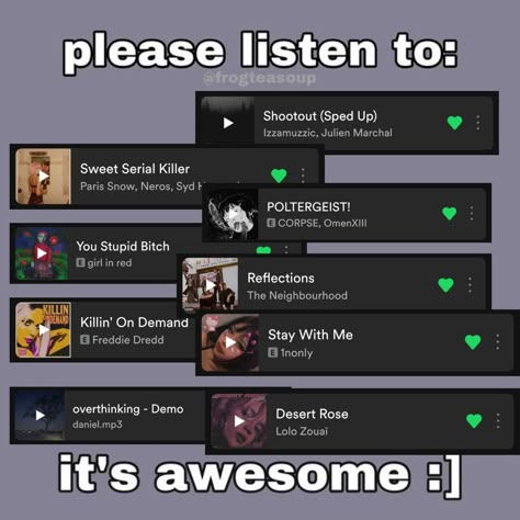 Spotify Playlist Suggestions, Assigning Songs To Characters, Song Suggestions Spotify, This Song Template, Songs Underrated, Underrated Music, Underrated Songs, This Song, Music Template