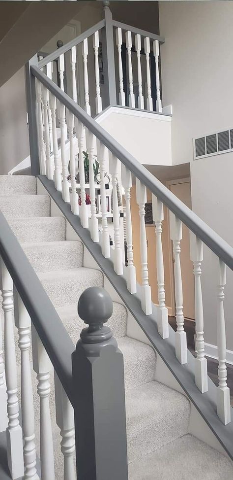 Stairs And Landing Decor Colour, Painted Grey Staircase, Banister Colour Ideas, White And Gray Staircase, Grey White Staircase, White And Grey Bannister, Grey Railings For Stairs, Grey Handrail Stairs, Grey Banisters And Railings