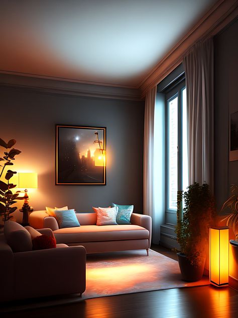 Transform your living room with the perfect lighting! Warm white bulbs create a cozy, inviting atmosphere for relaxation and entertainment. Cool white bulbs offer a refreshing, modern vibe, perfect for showcasing your space. Experiment and find the ideal light to set the mood in your living room oasis! ✨🏡 #LivingRoomLighting #HomeDecor #InteriorDesign #CozyAmbiance #ModernVibe Dim Lit Living Room, Ambient Lighting Living Room Night, Warm Living Room Lighting, Living Room Mood Lighting, Ambient Lighting Living Room, Male Apartment, Mood Lighting Living Room, Room Oasis, Dark Rooms