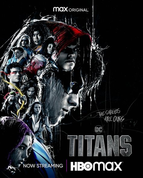 Titans Poster, Dc Titans, Titans Tv Series, Dc Comics Series, Hollywood Poster, Galaxy Movie, Max On, Dc Comics Superheroes, Deathstroke