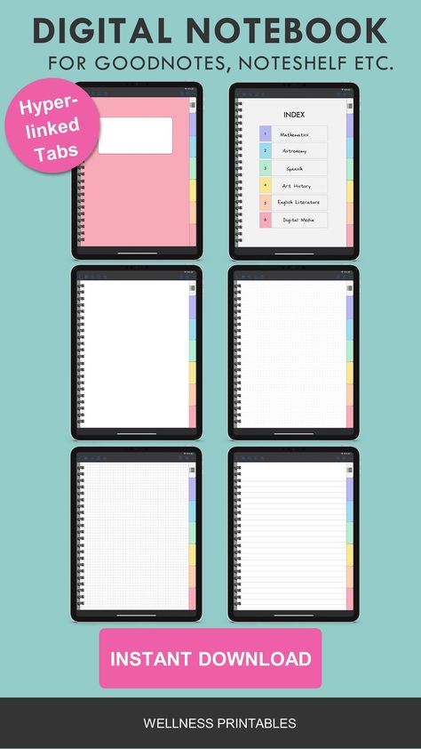 🧀  6 Subject Digital Notebook, Goodnotes, NoteShelf Blank, Graph, Lined, Dot Grid Notebook Pages Wellness Printables, Templates For Goodnotes, Organizing Time Management, Notebook Pages, Notebook Templates, Journal Diy, Documents Design, Grid Notebook, Dot Grid Notebook