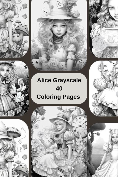 Whimsical Wonderland Coloring Book: Explore Alice's adventures in enchanting grayscale illustrations, perfect for coloring enthusiasts ! #coloring pages #coloring book Alice In Wonderland Coloring Book, Grayscale Coloring Pages For Adults Free Printable, Detailed Coloring Pages For Grown Ups, Alice In Wonderland Coloring Pages, Greyscale Coloring Pages, Alice In Wonderland Coloring, Scary Coloring Pages, Dark Alice In Wonderland, Coloring Pages For Grown Ups