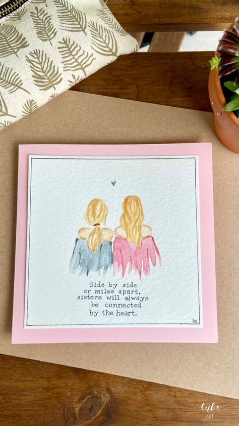 Painting Gift Ideas For Sister, Sister Watercolor Painting, Friend Watercolor Card, Best Friends Watercolor Paintings, Painting Ideas For Sisters, Best Friends Watercolor, Blond Girls, Diy Watercolor Cards, Sisters Drawing