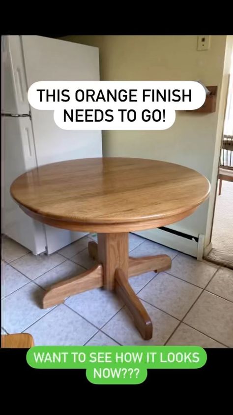 repurposed_refinished_upcycled on Instagram: This is solid oak table, but orange old finish needs to go. So now it’s new and modern! Did you like the transformation? #savetheplanet… Pine Round Table, Painted Oak Dining Table And Chairs, Sanding Oak Table, Round Dining Table Painted, Refinish Wood Dining Table, Refinishing Old Oak Table, Refinishing Round Kitchen Table, Refinishing An Oak Dining Table, Wood Table And Chairs Makeover