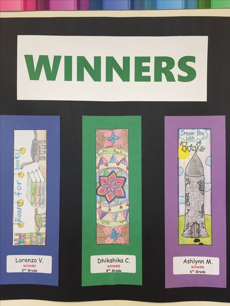 Winning entries from our Bookmark Contest!🎉👏👍 Bookmark Contest, Book Mark Ideas, Bookmark Coloring, Emma Clark, Coloring Contest, Library Ideas, Toddler Learning, Bulletin Board, Book Cover