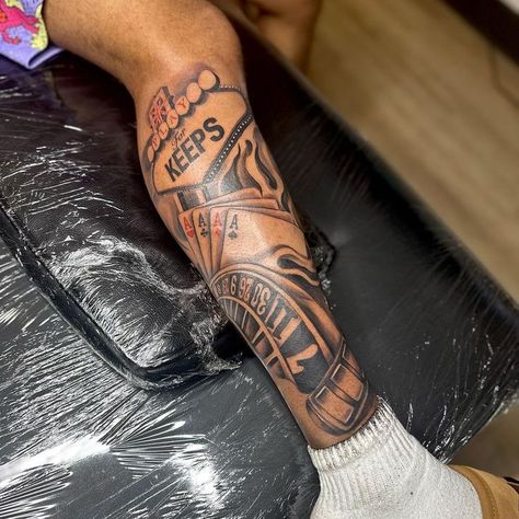 Cav Leg Tattoo, Male Calf Tattoo For Men, Play For Keeps Tattoo Men, Risk Tattoo For Men, Memphis Tattoo Ideas, Beat The Odds Tattoo Men, Forearm Tattoo Black Men, Play For Keeps Tattoo, Leg Sleeve Tattoo Male Black