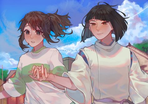 Chihiro And Haku, 하울의 움직이는 성, Studio Ghibli Fanart, Chihiro Y Haku, Iconic Scenes, Howl And Sophie, Don't Look Back, Studio Ghibli Movies, Studio Ghibli Art