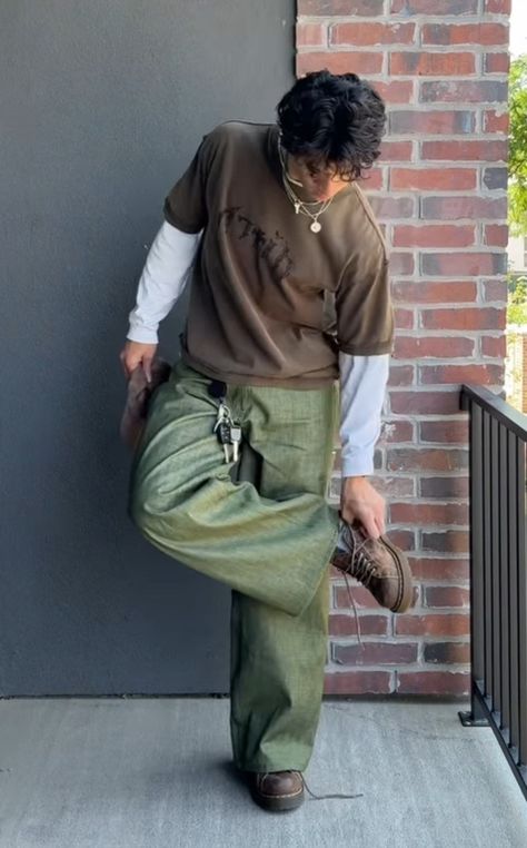 Baggy Green Pants Outfit Men, Flared Green Pants Outfit, Men’s Hippy Clothes, Green Pant Outfits Men, All Green Outfit Men, Green Outfit Inspo Men, Mens Earth Tone Outfits Casual, Green Outfit Masc, Men’s Earthy Outfits