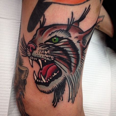 Gary Royal as featured on www.swallowsndaggers.com #tattoo #tattoos #cat Lynx Tattoo, Predator Tattoo, Brotherhood Tattoo, 2016 Tattoo, Insect Tattoo, American Tattoos, Traditional Tattoo Design, Fox Tattoo, Old Tattoos