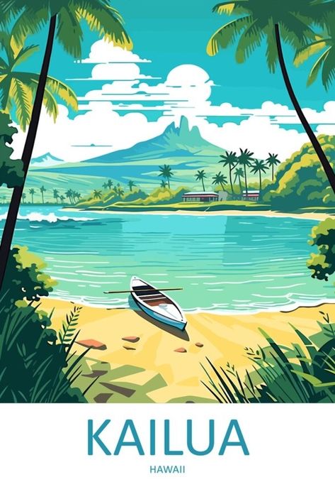 Hawaii Illustration, Hawaii Poster, Kailua Hawaii, Hawaii Art, Vintage Calendar, National Parks Photography, Graphic Design Infographic, Beach Illustration, City Cartoon