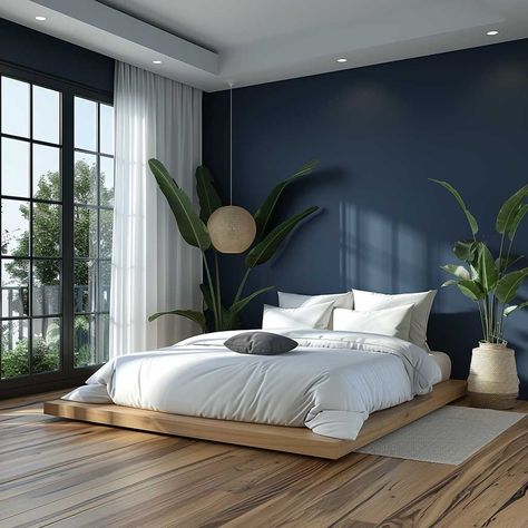 "Elegant Bedroom Lighting: Home Decor Inspo" Single Master Bedrooms Decor, Simple Room Interior Bedroom, Room Colour Combinations Bedrooms, Minimalist Bedroom Blue, Interior Design Blue Bedroom, Living Minimalist Lifestyle, Classy Bedroom Ideas, Colour Combination For Bedroom, Wall Colour Combinations